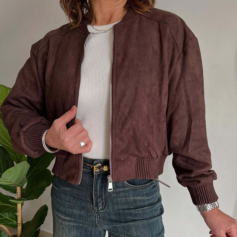 Suede-Look Zip-Up Jacket with Lapel Collar and Pockets - Brown and Burgundy