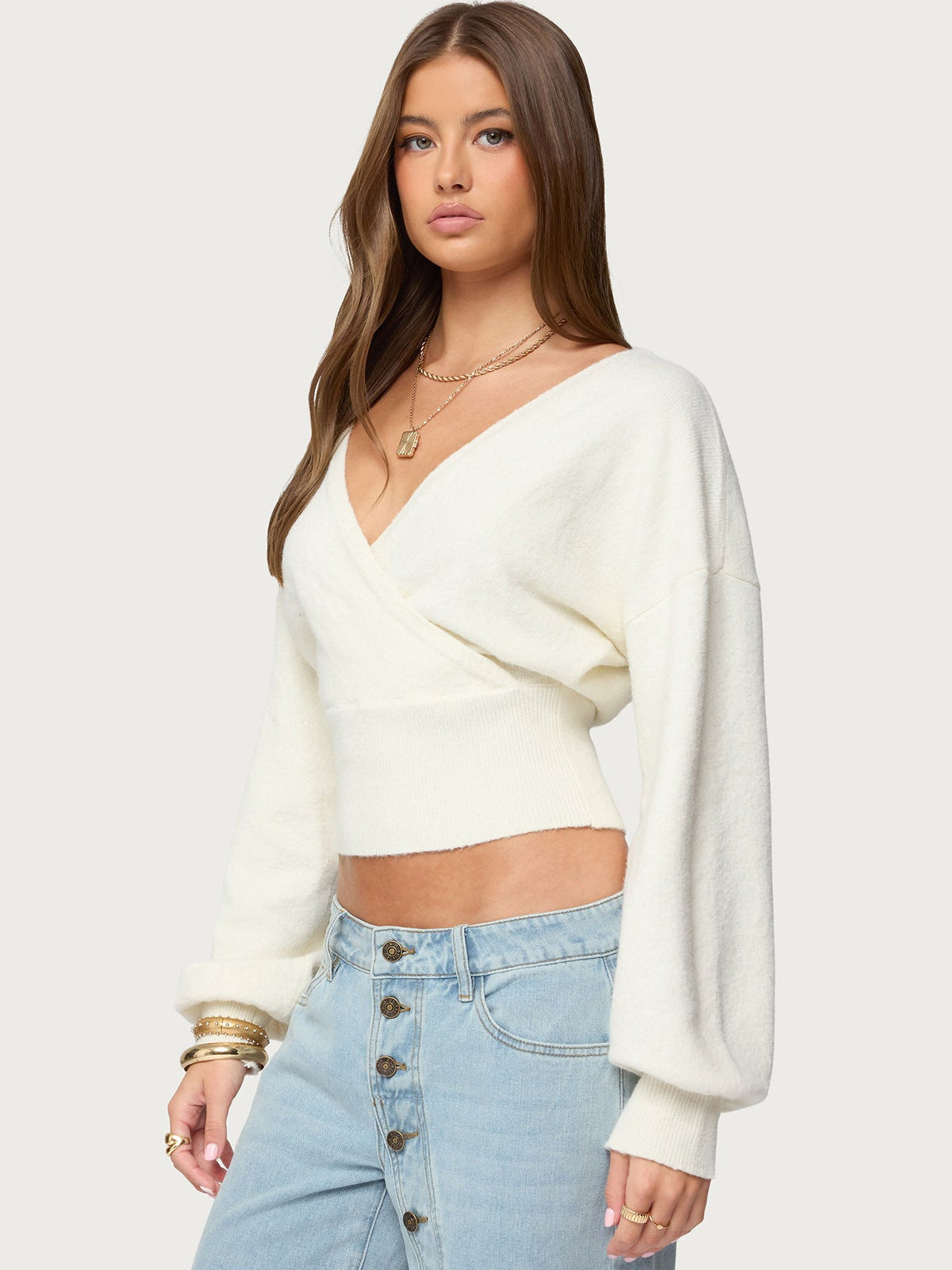 Womens Long Sleeve V Neck Back Tie Open Back Knit Sweater