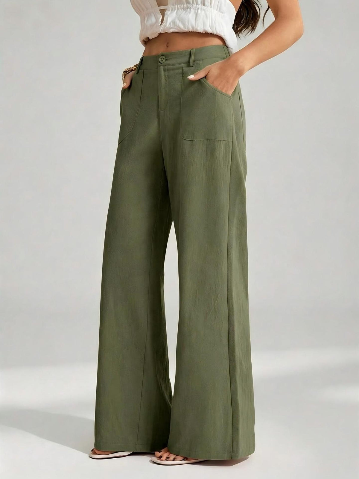 Linen-Blend Wide-Leg Pants in Army Green