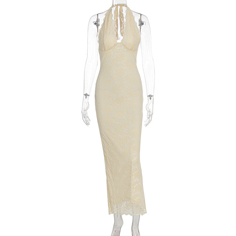 Lace Halter Maxi Dress in Yellow