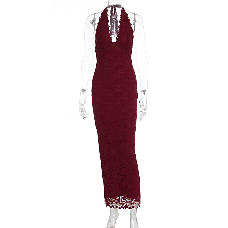Lace Halter Maxi Dress in Wine Red