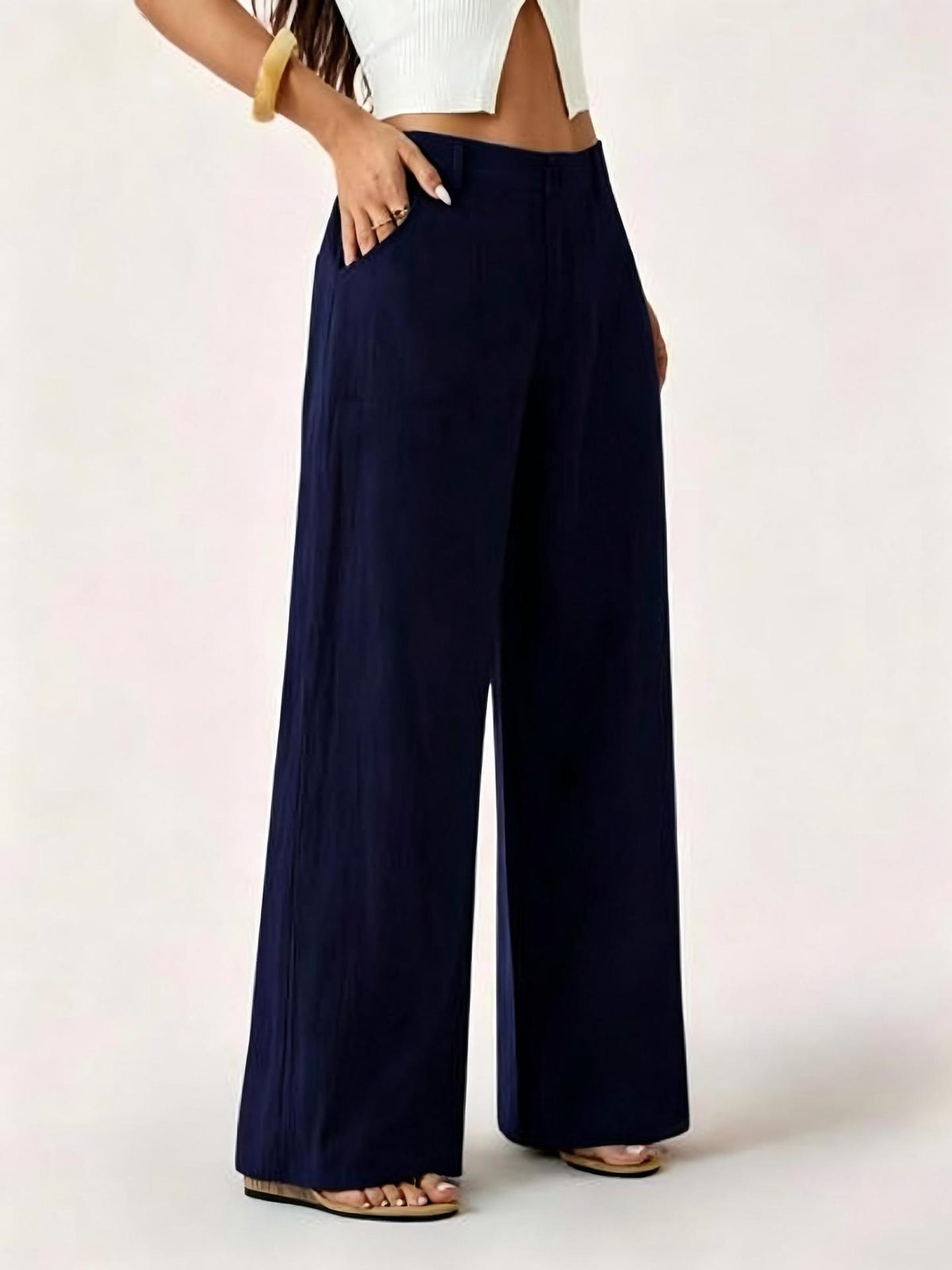 Linen-Blend Wide-Leg Pants in Navy Blue