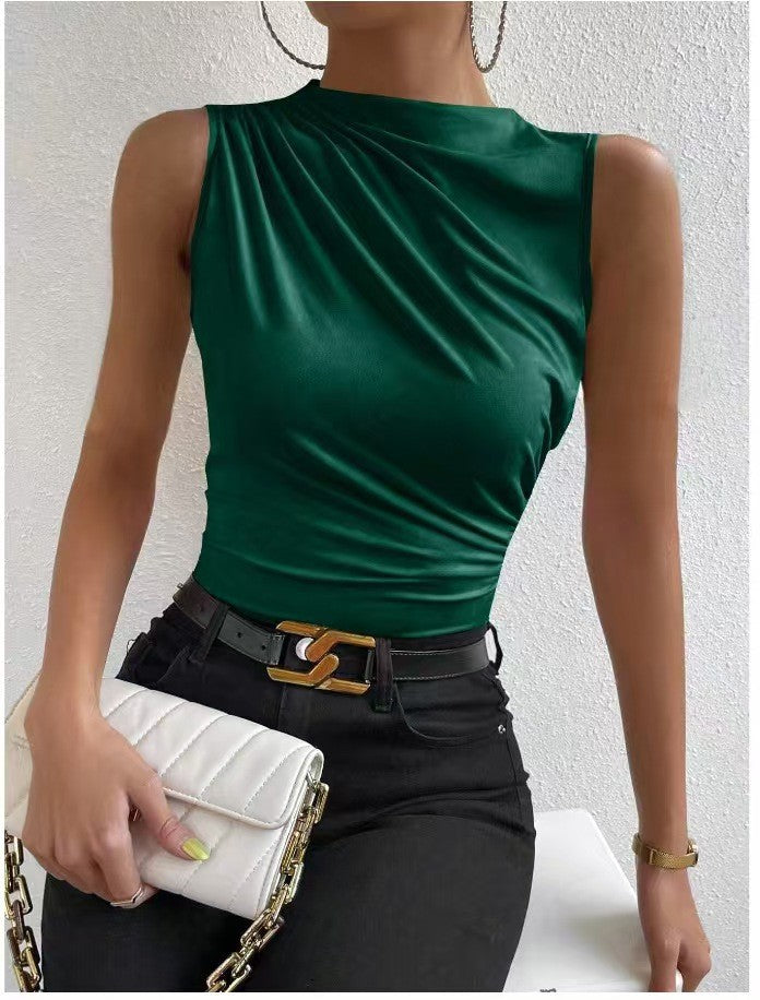 Pleated Mock Neck Tank Top in Dark Green