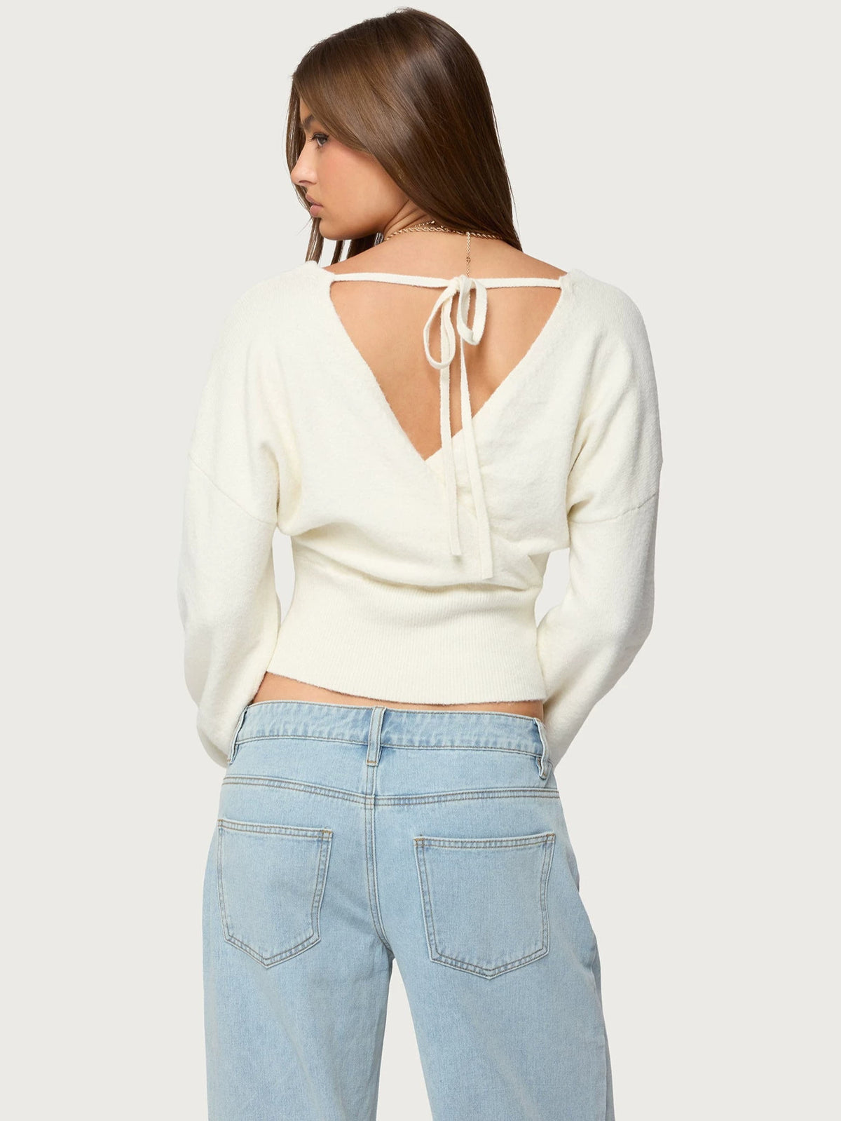 Womens Long Sleeve V Neck Back Tie Open Back Knit Sweater