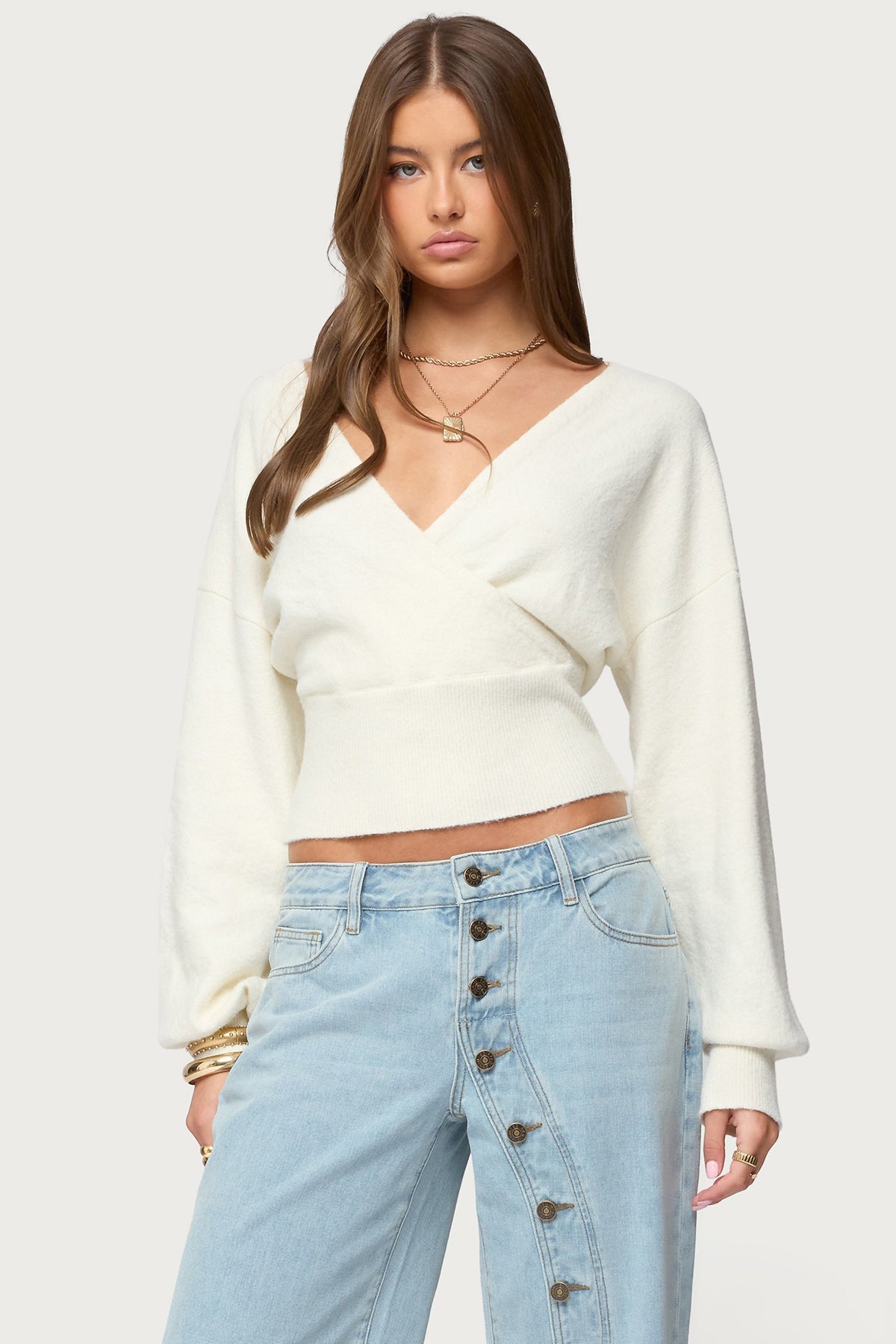 Womens Long Sleeve V Neck Back Tie Open Back Knit Sweater
