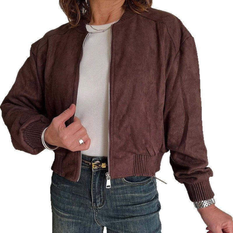 Suede-Look Zip-Up Jacket with Lapel Collar and Pockets - Brown and Burgundy