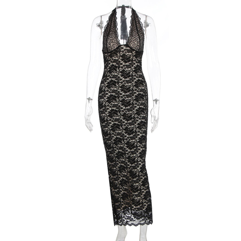 Lace Halter Maxi Dress in Black