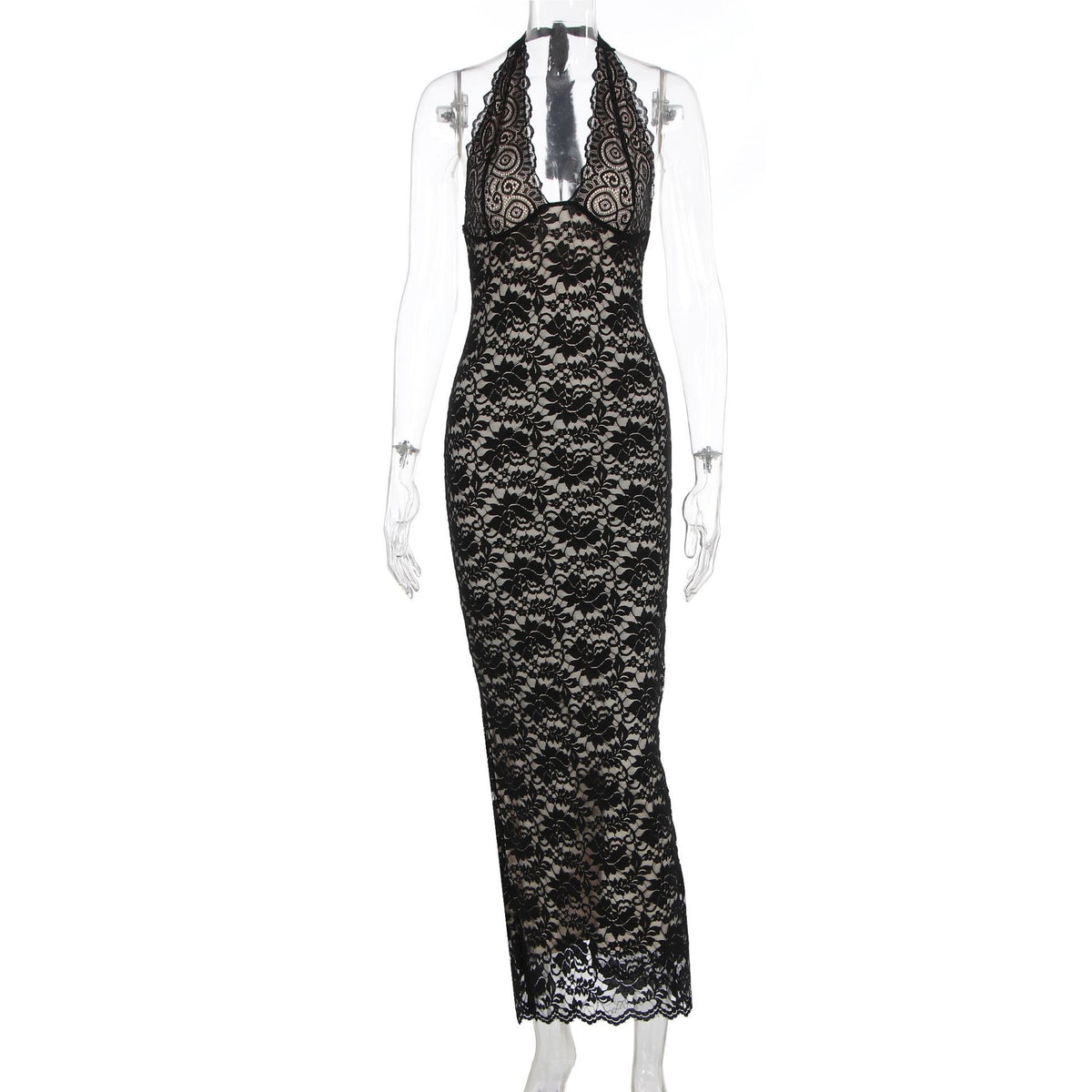 Lace Halter Maxi Dress in Black