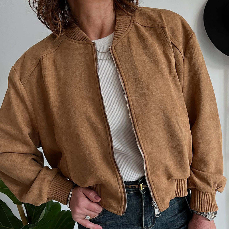 Suede-Look Zip-Up Jacket with Lapel Collar and Pockets - Brown and Burgundy