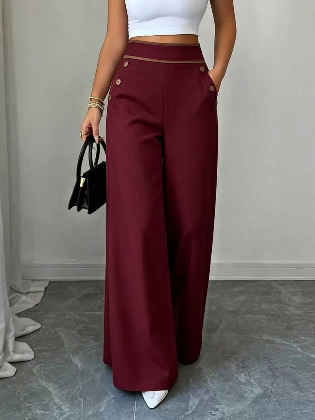 High-Waisted Wide-Leg Pants in Burgundy