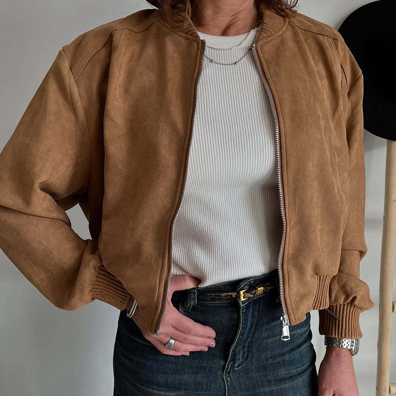 Suede-Look Zip-Up Jacket with Lapel Collar and Pockets - Brown and Burgundy