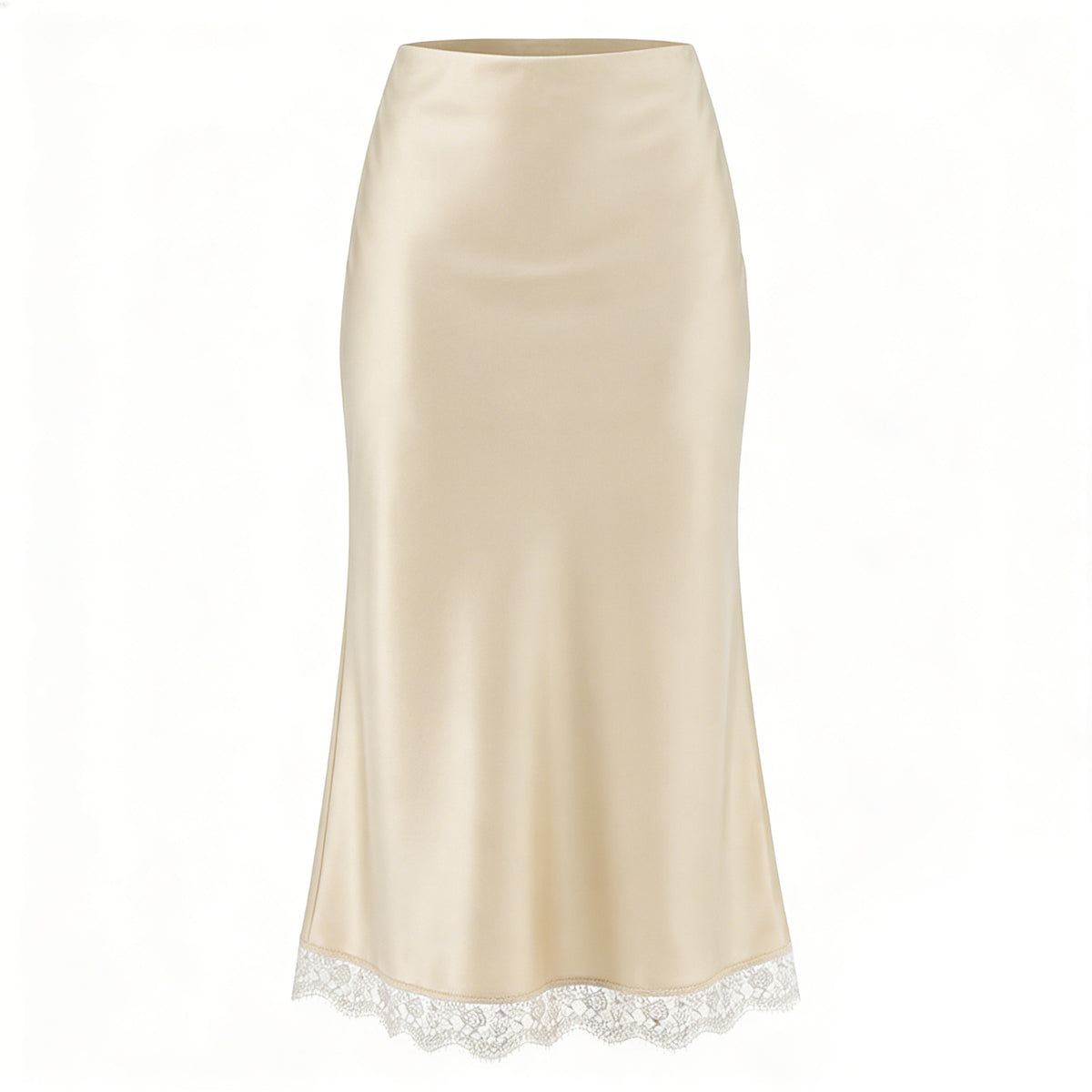 Satin and Lace Long Skirt in Beige (Midi)