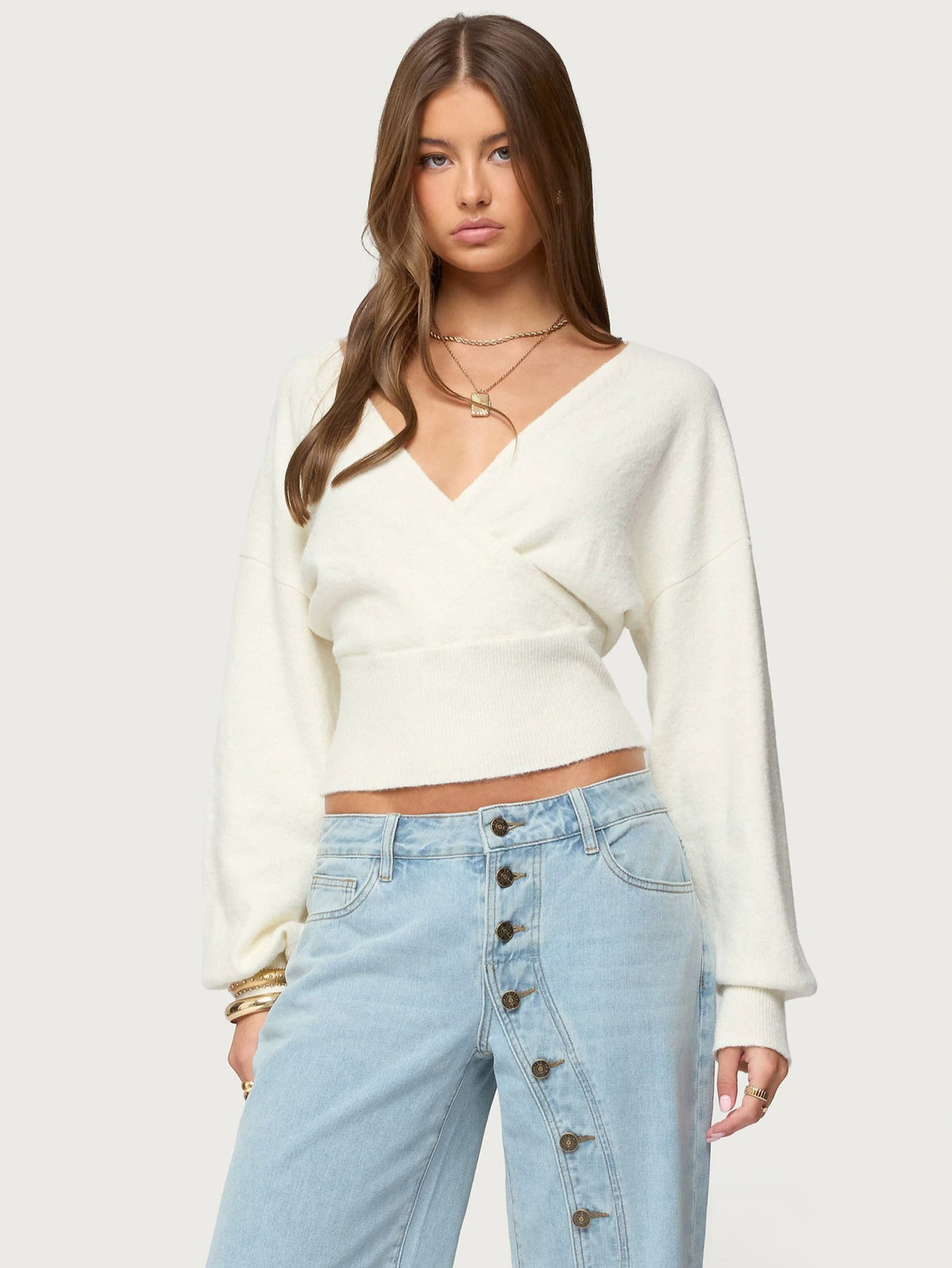 Womens Long Sleeve V Neck Back Tie Open Back Knit Sweater