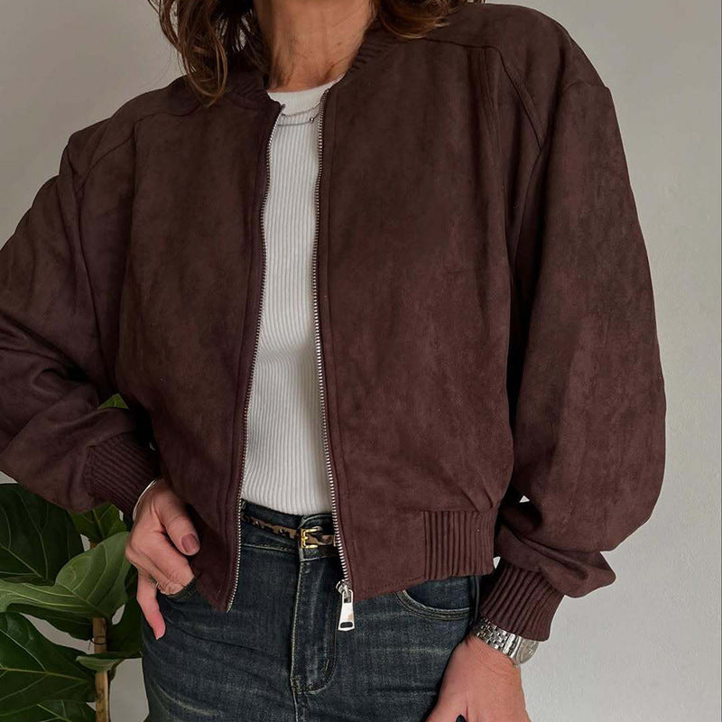Suede-Look Zip-Up Jacket with Lapel Collar and Pockets - Brown and Burgundy
