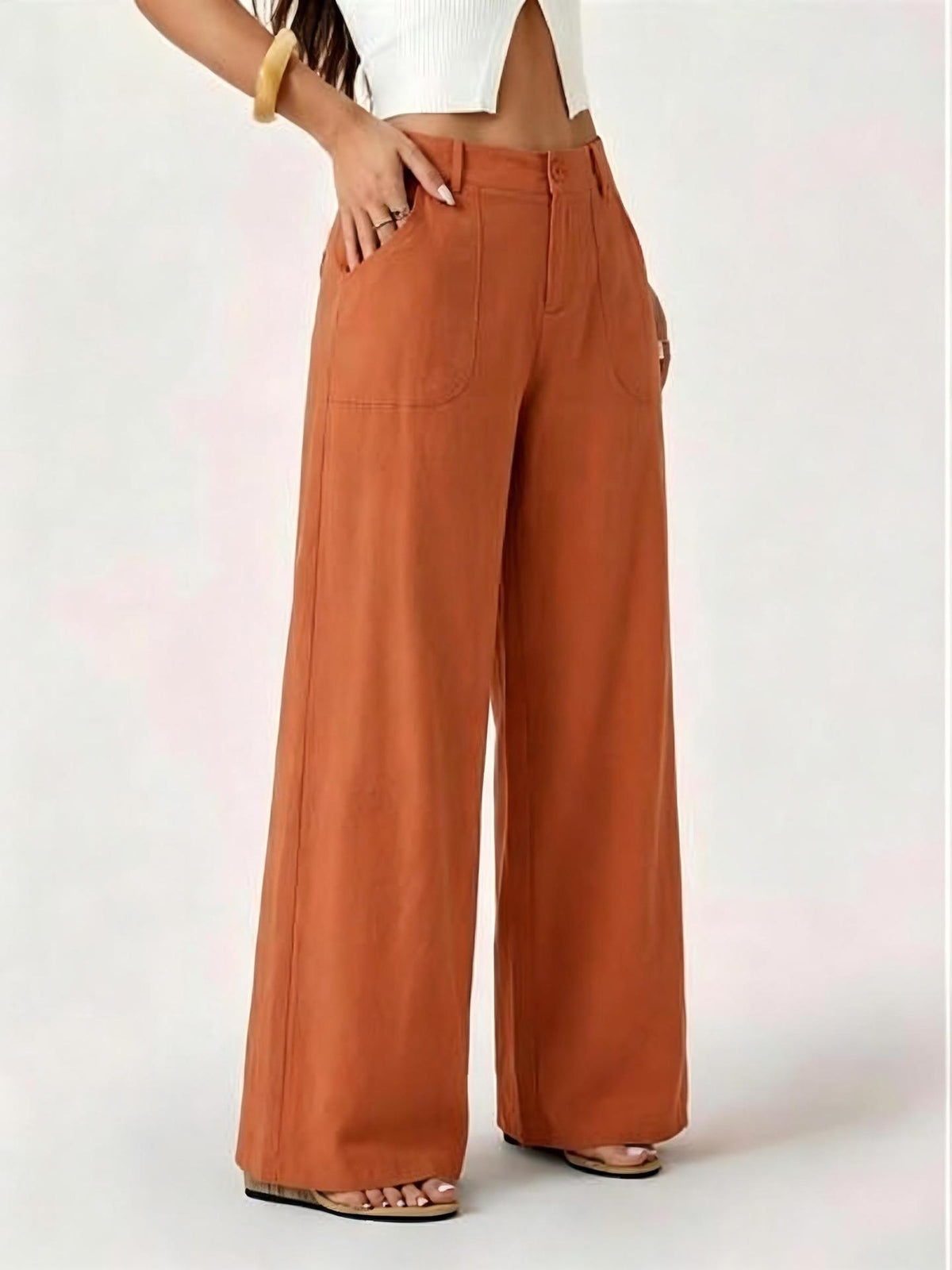 Linen-Blend Wide-Leg Pants in Orange