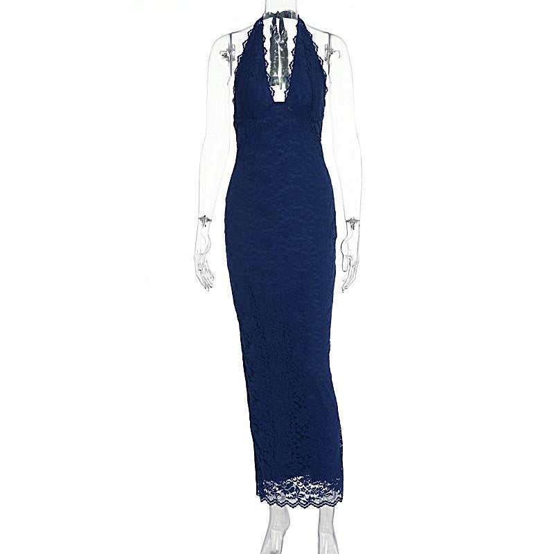 Lace Halter Maxi Dress in Navy Blue