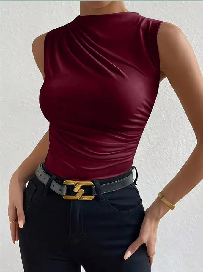 Pleated Mock Neck Tank Top in Wine Red