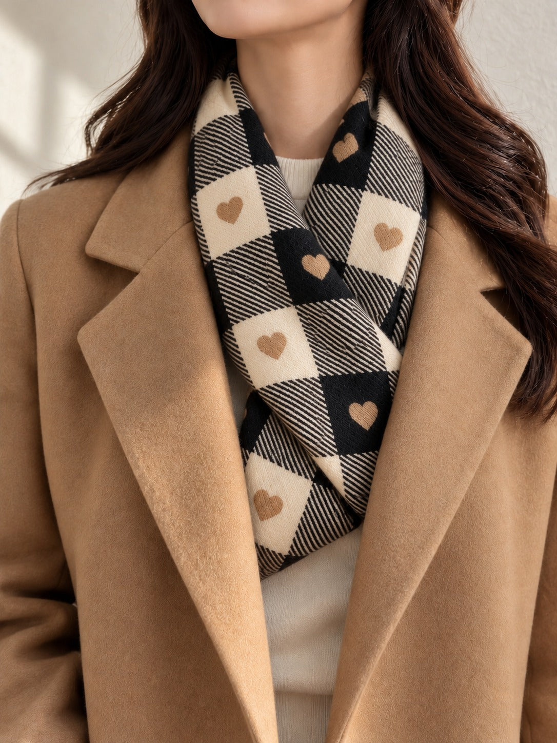 Short Plaid Scarf in Black and Cream Check, styled on model