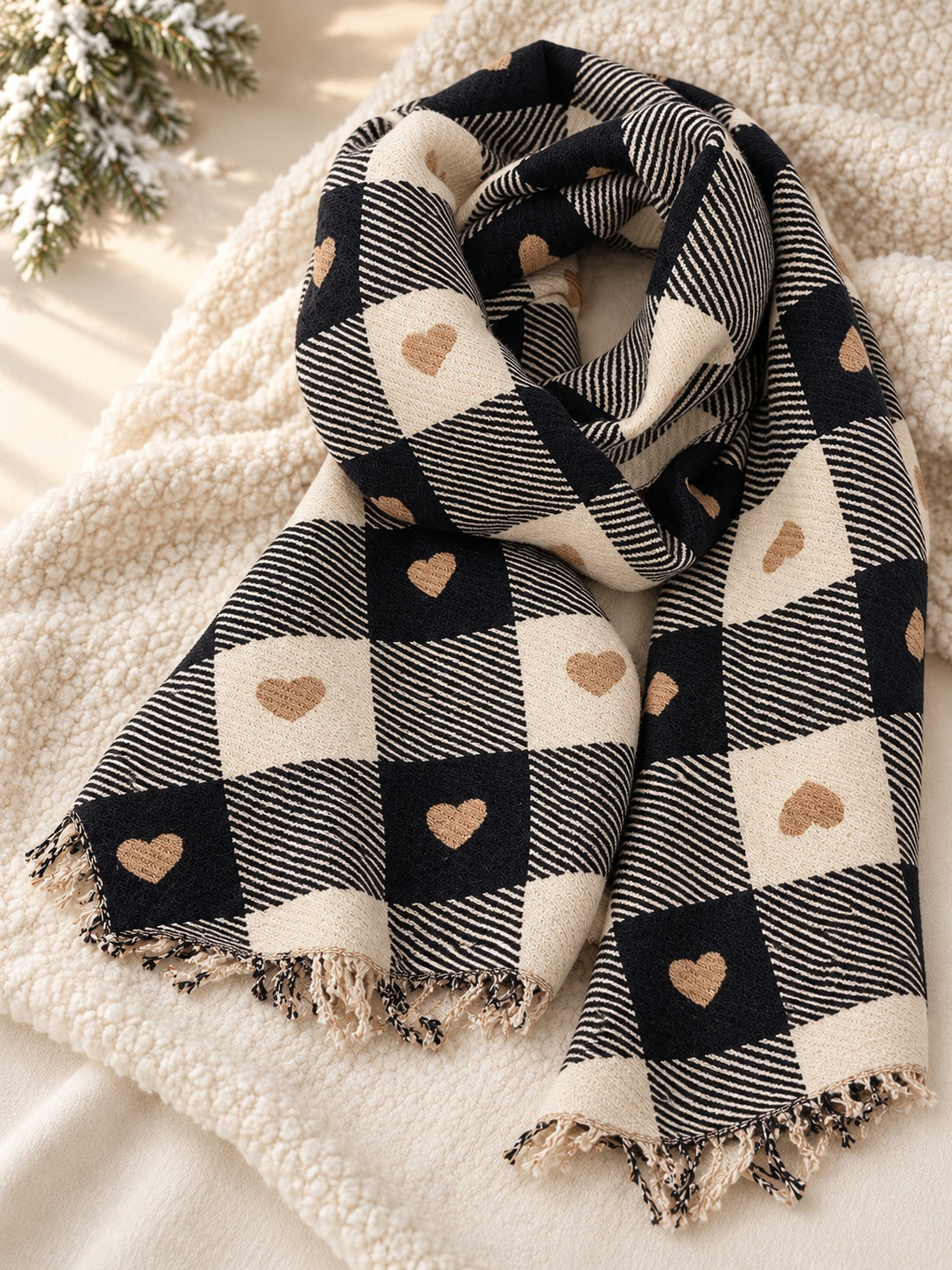 Short Plaid Scarf in Black and Cream Check, product only