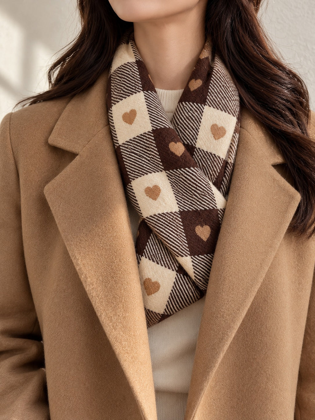 Short Plaid Scarf in Coffee Plaid, styled on model