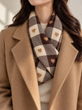 Short Plaid Scarf in Coffee Plaid, styled on model