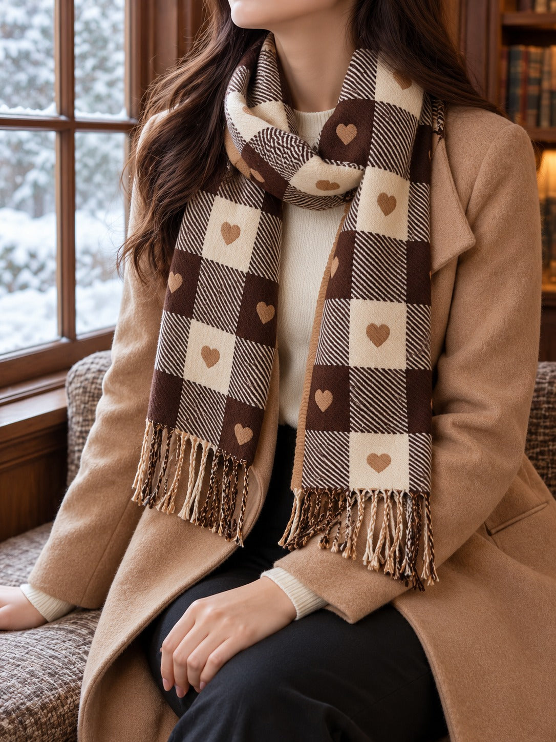 Short Plaid Scarf in Coffee Plaid, lifestyle view