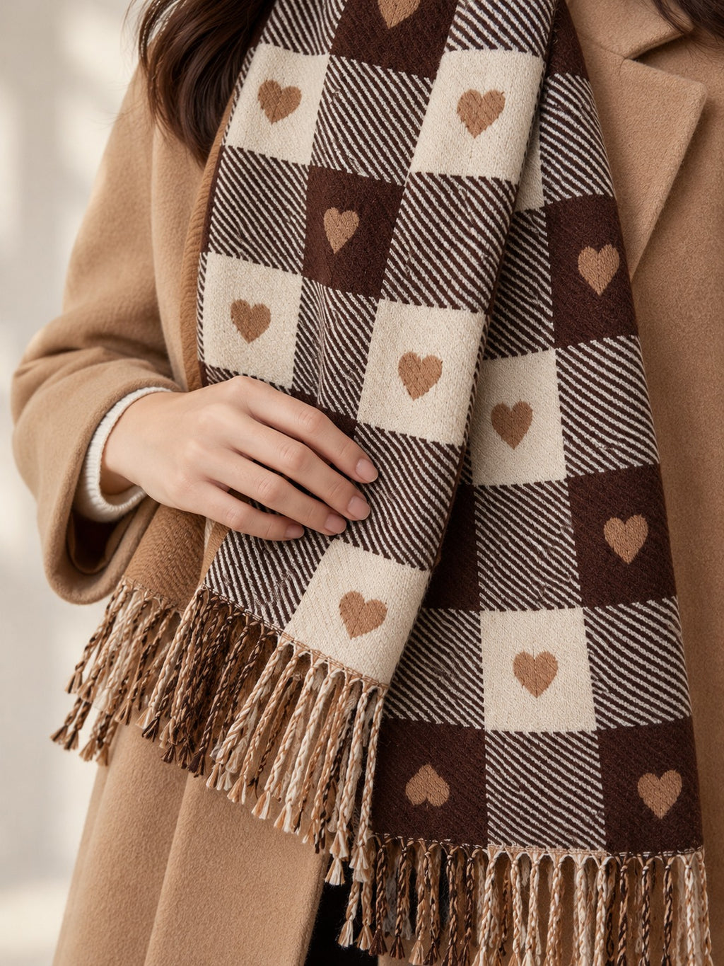 Short Plaid Scarf in Coffee Plaid, detail view