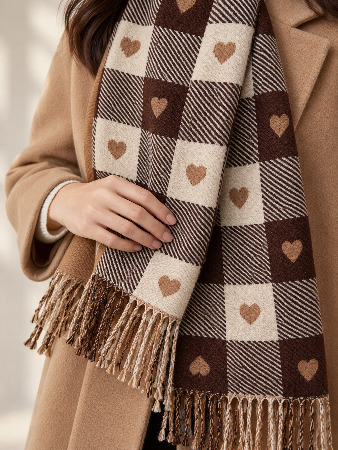 Short Plaid Scarf in Coffee Plaid, detail view