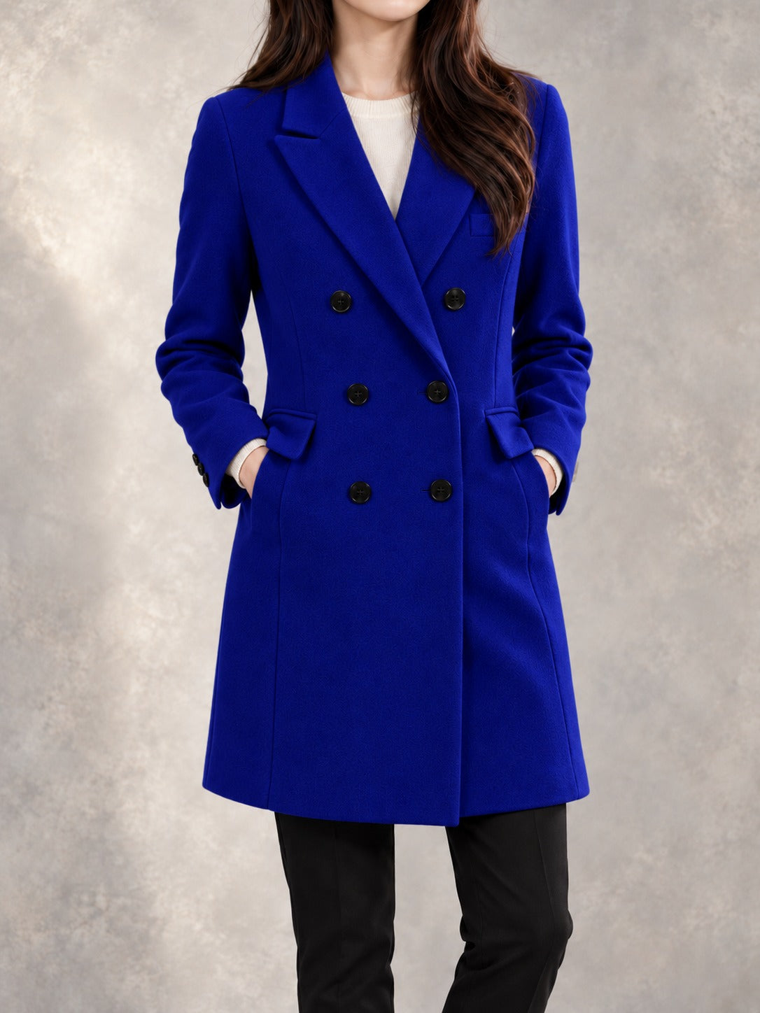 Double-Breasted Winter Coat in Blue, front view