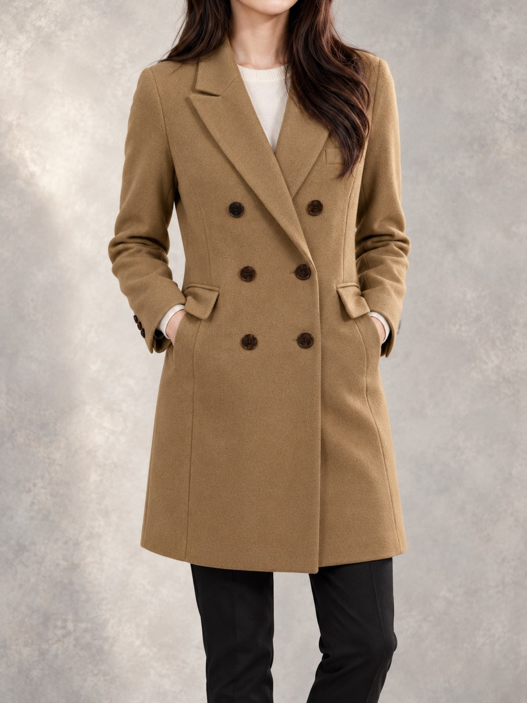 Double-Breasted Winter Coat in Khaki, front view