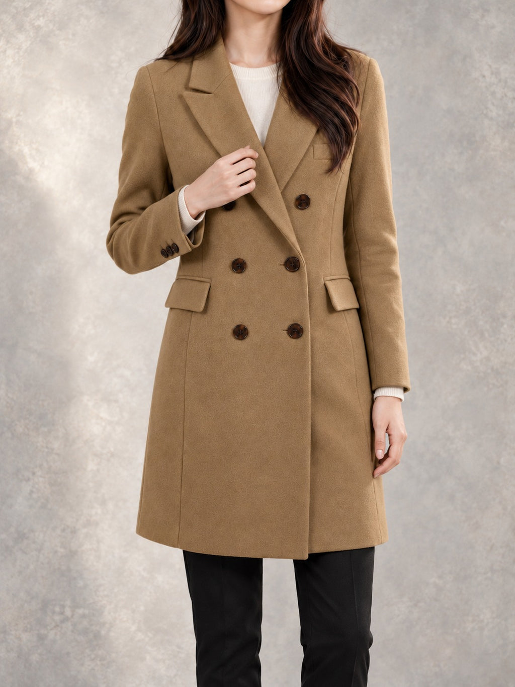 Double-Breasted Winter Coat in Khaki, full-length front view