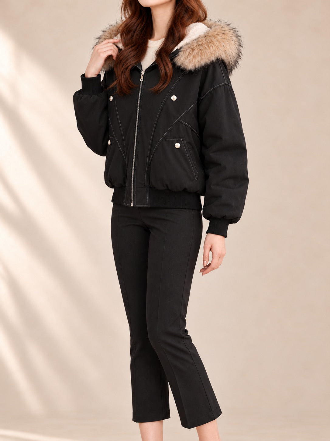 Hooded Puffer Jacket in Black, side view