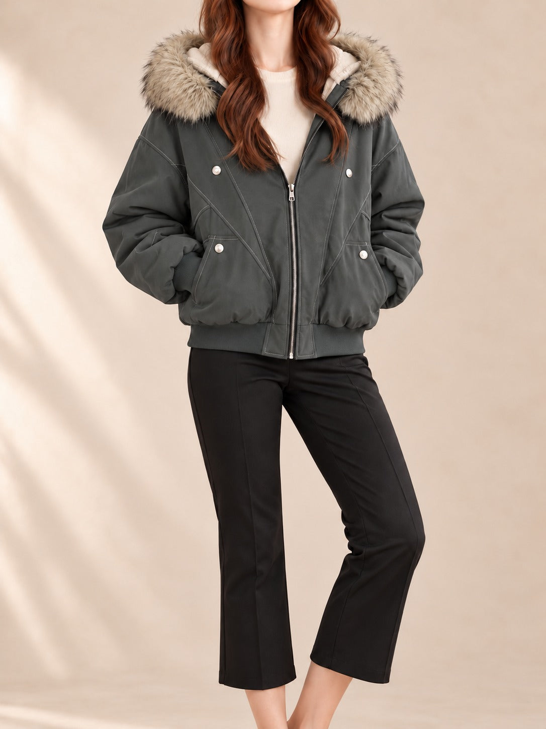 Hooded Puffer Jacket in Grey Green, front view