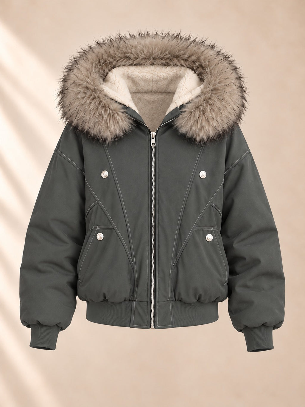 Hooded Puffer Jacket in Grey Green, product only