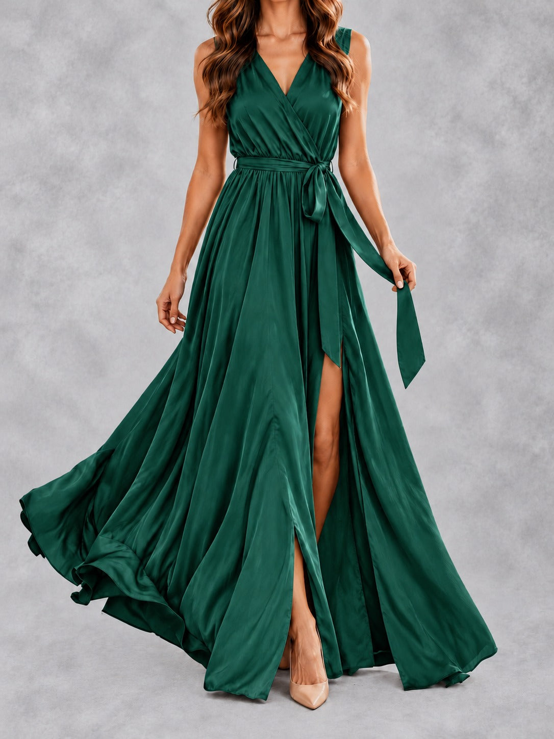 V-Neck Maxi Dress with Slit in Green, front view