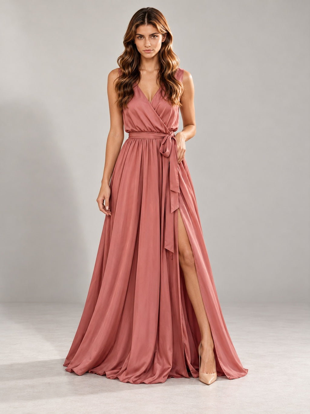 V-Neck Maxi Dress with Slit in Pink, front view