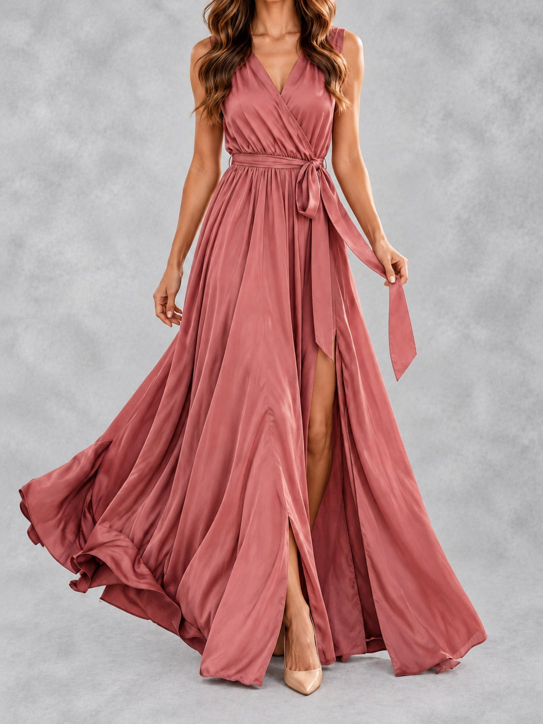 V-Neck Maxi Dress with Slit in Pink, front view
