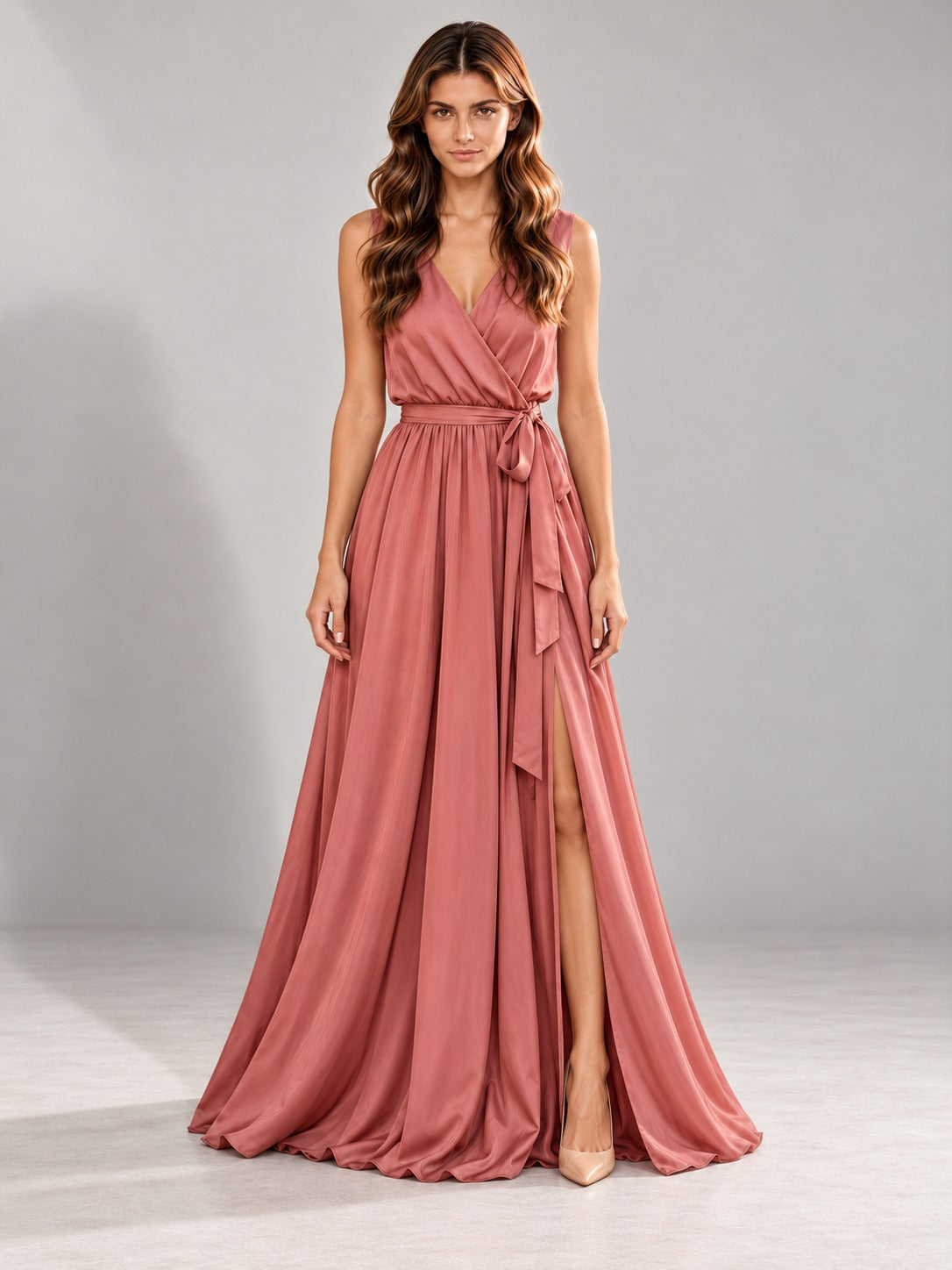 V-Neck Maxi Dress with Slit in Pink, full-length front view
