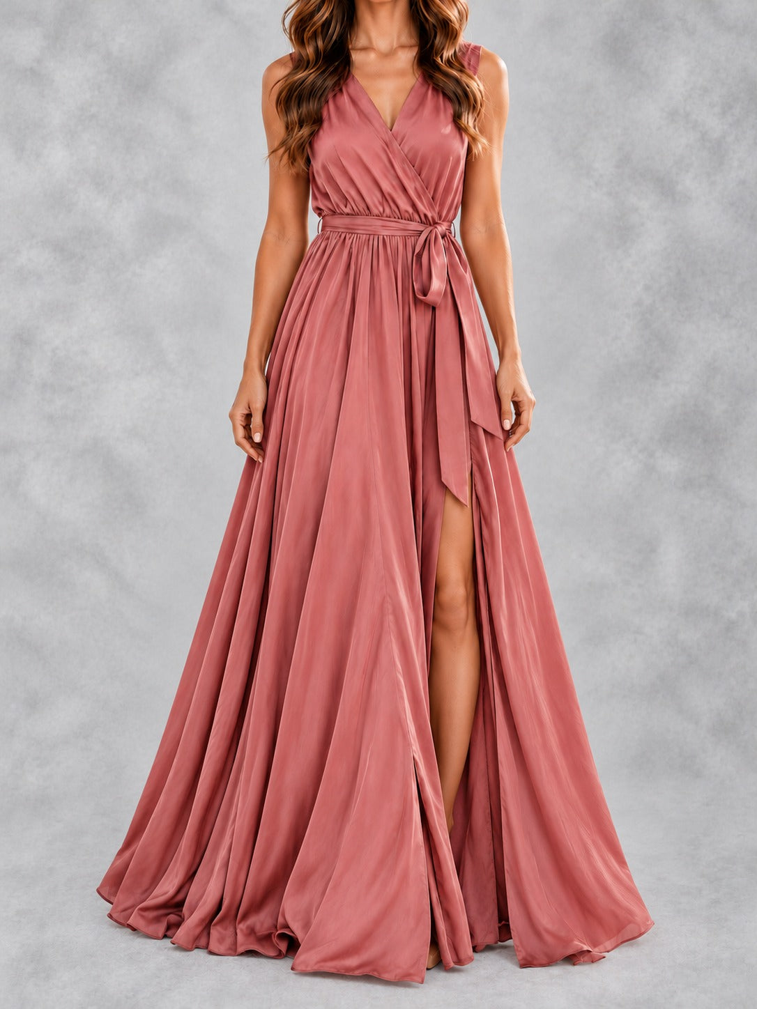 V-Neck Maxi Dress with Slit in Pink, full-length front view