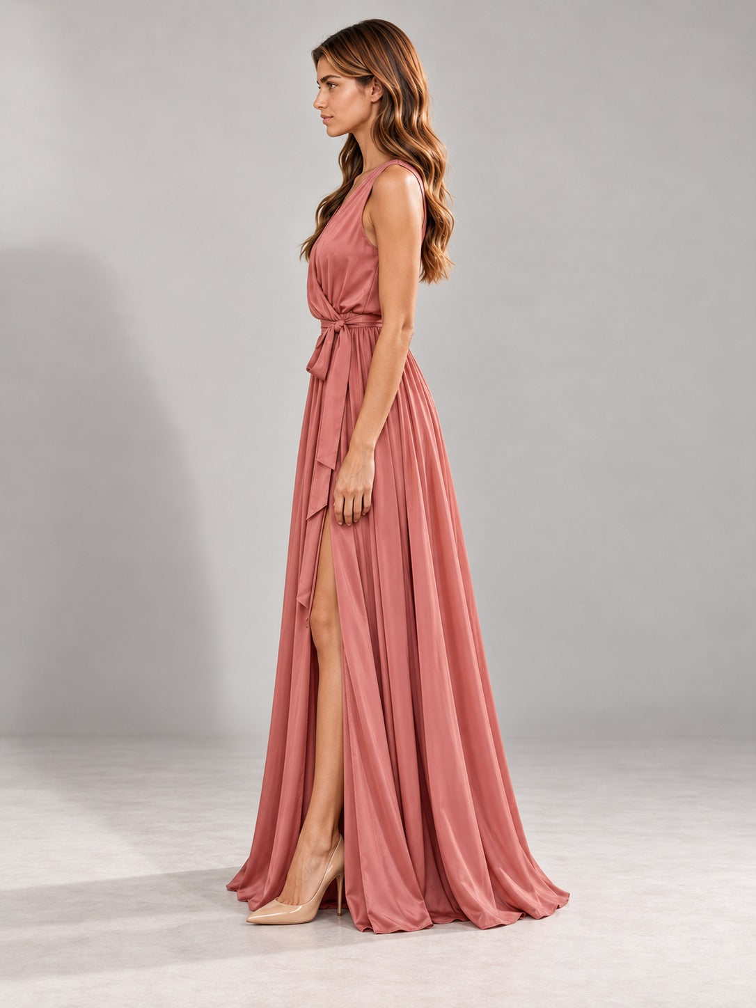 V-Neck Maxi Dress with Slit in Pink, side view