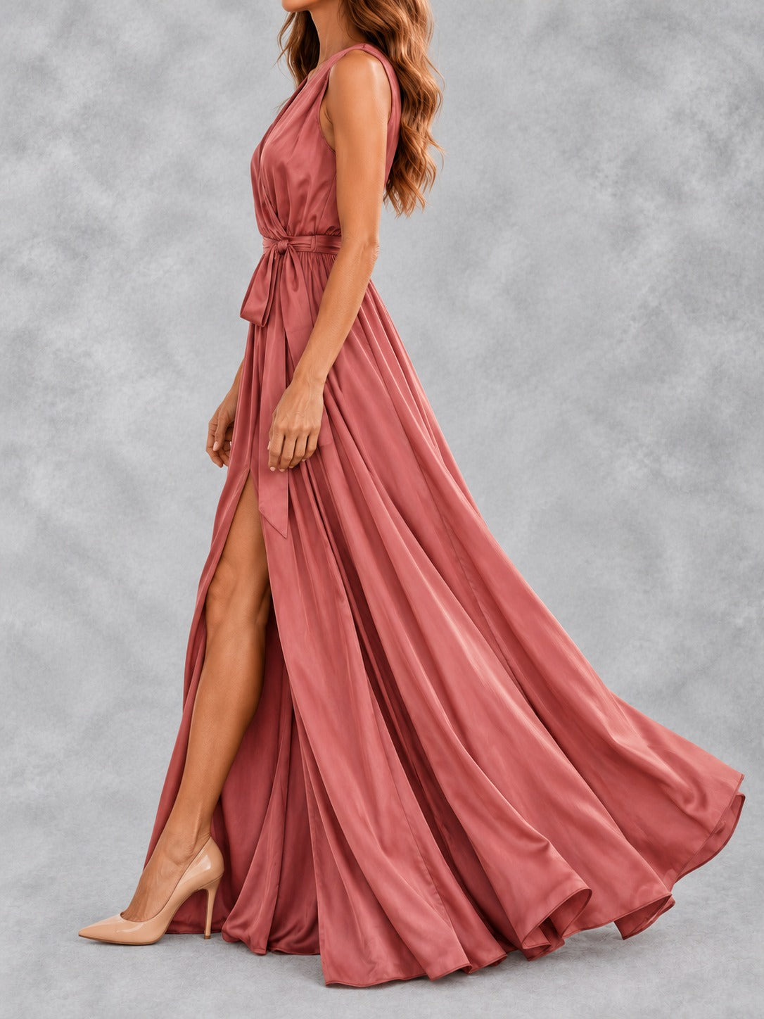 V-Neck Maxi Dress with Slit in Pink, side view
