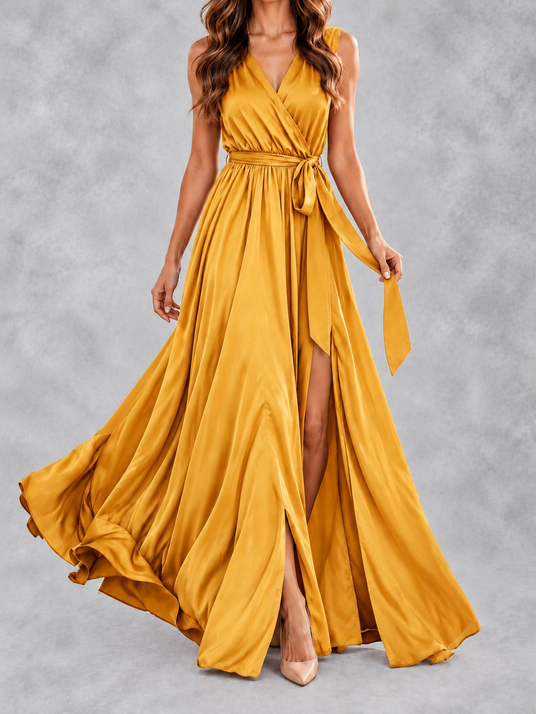 V-Neck Maxi Dress with Slit in Yellow, front view