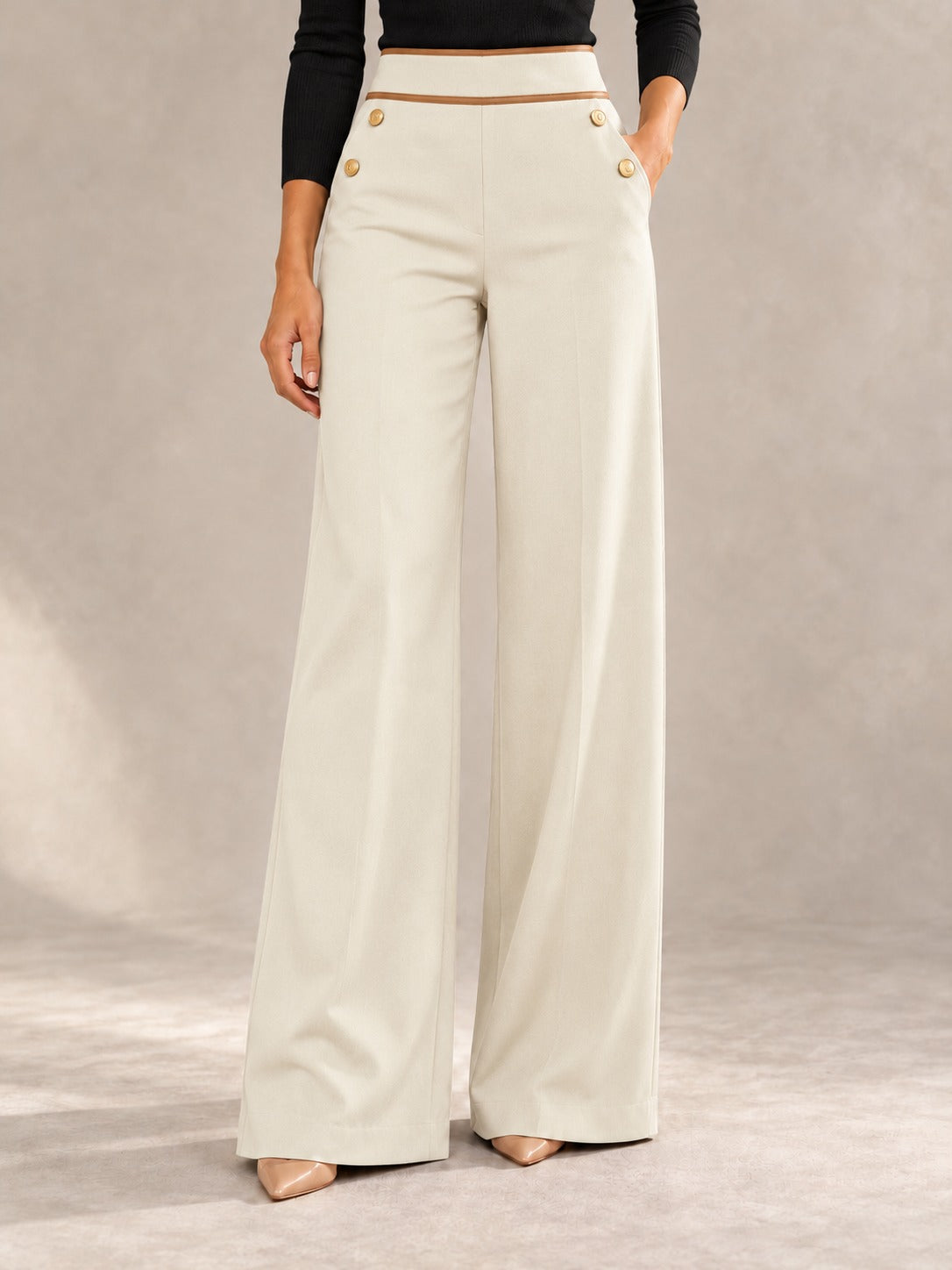 High-Waisted Wide-Leg Pants in Apricot, styled on model
