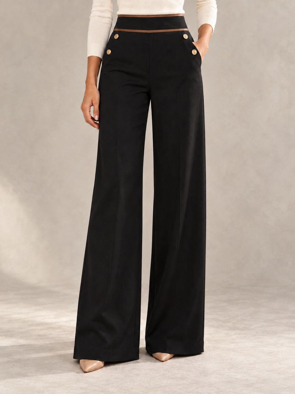 High-Waisted Wide-Leg Pants in Black, styled on model
