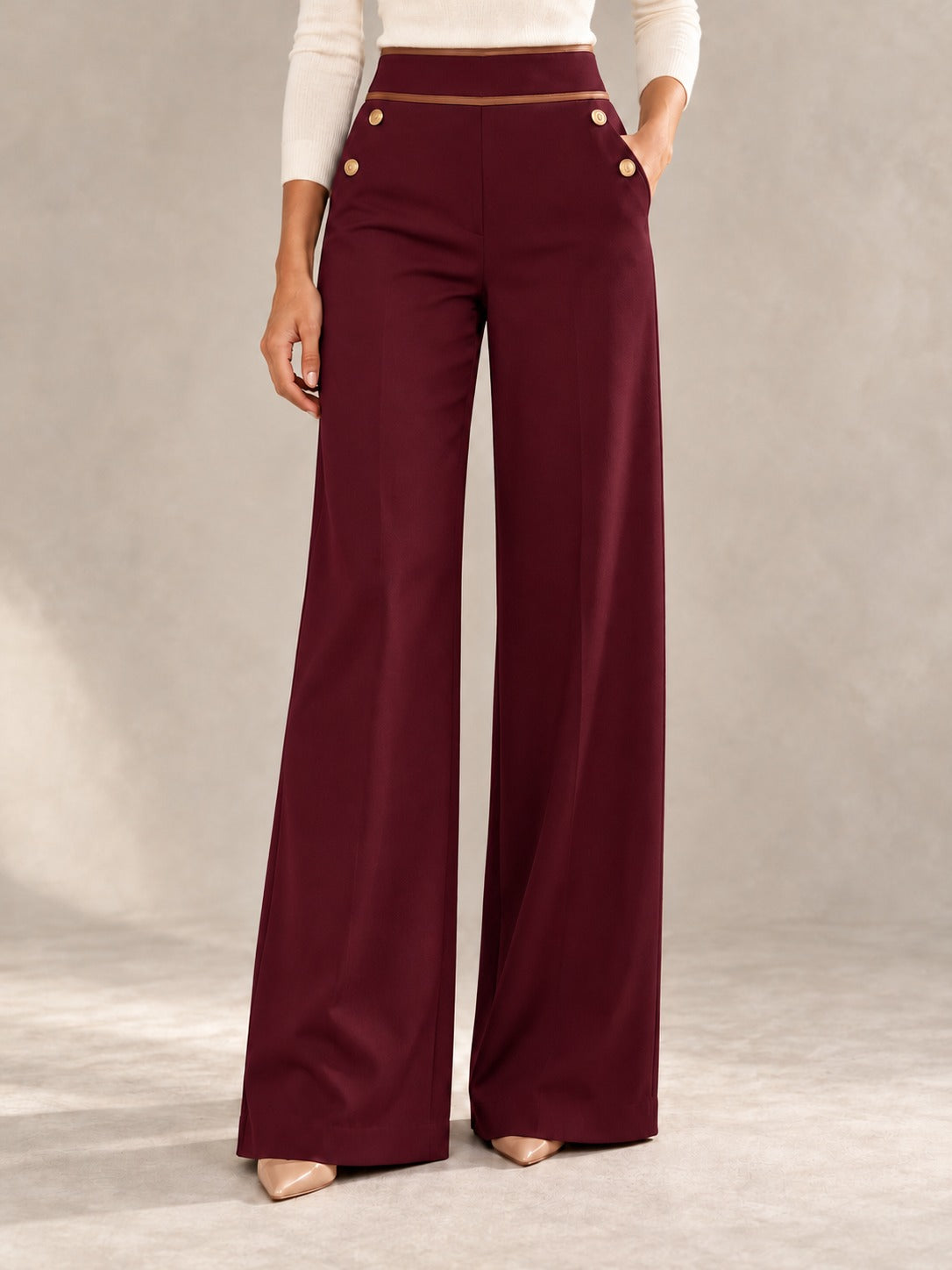 High-Waisted Wide-Leg Pants in Burgundy, styled on model