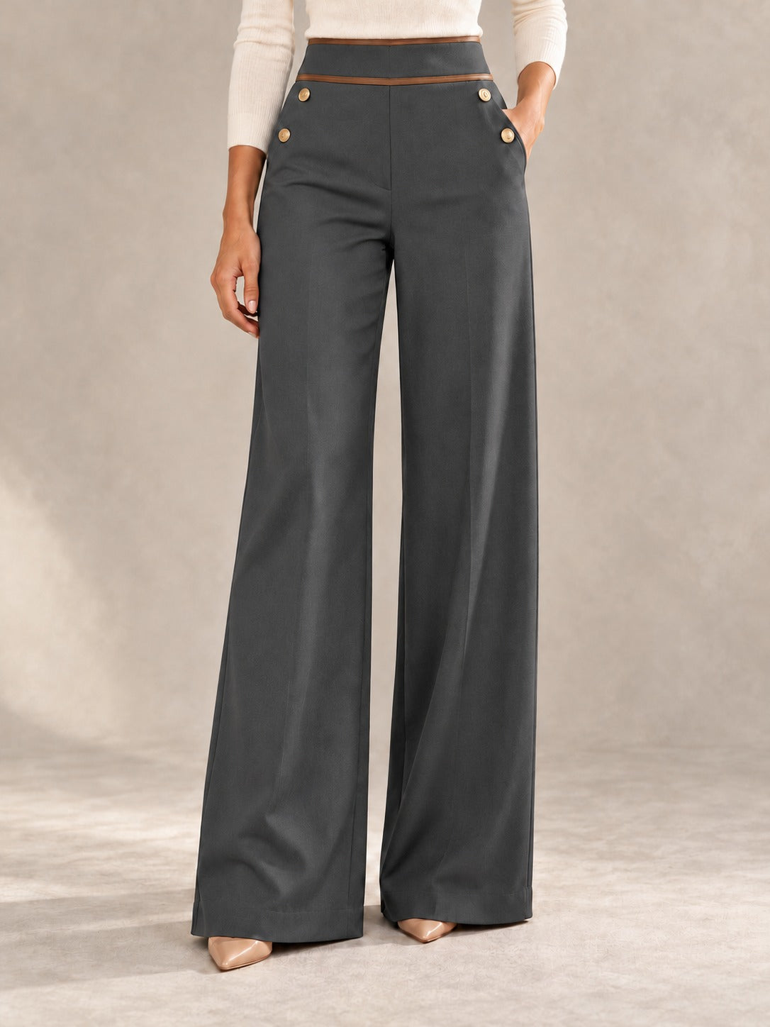 High-Waisted Wide-Leg Pants in Dark Gray, styled on model