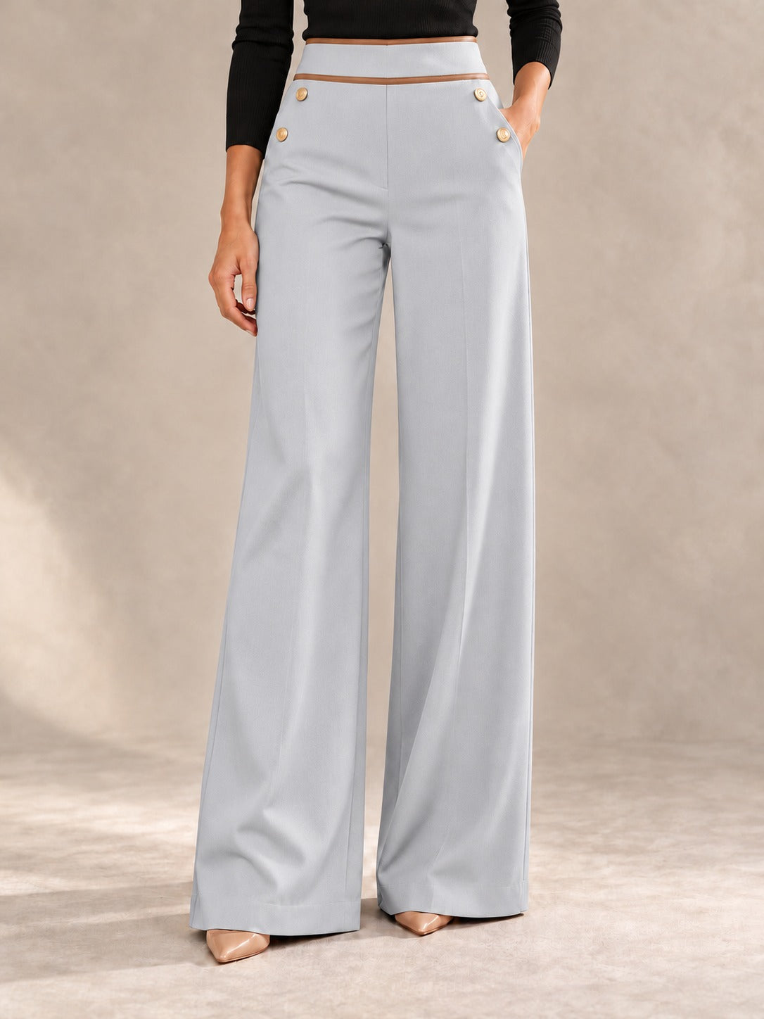 High-Waisted Wide-Leg Pants in Light Gray, styled on model