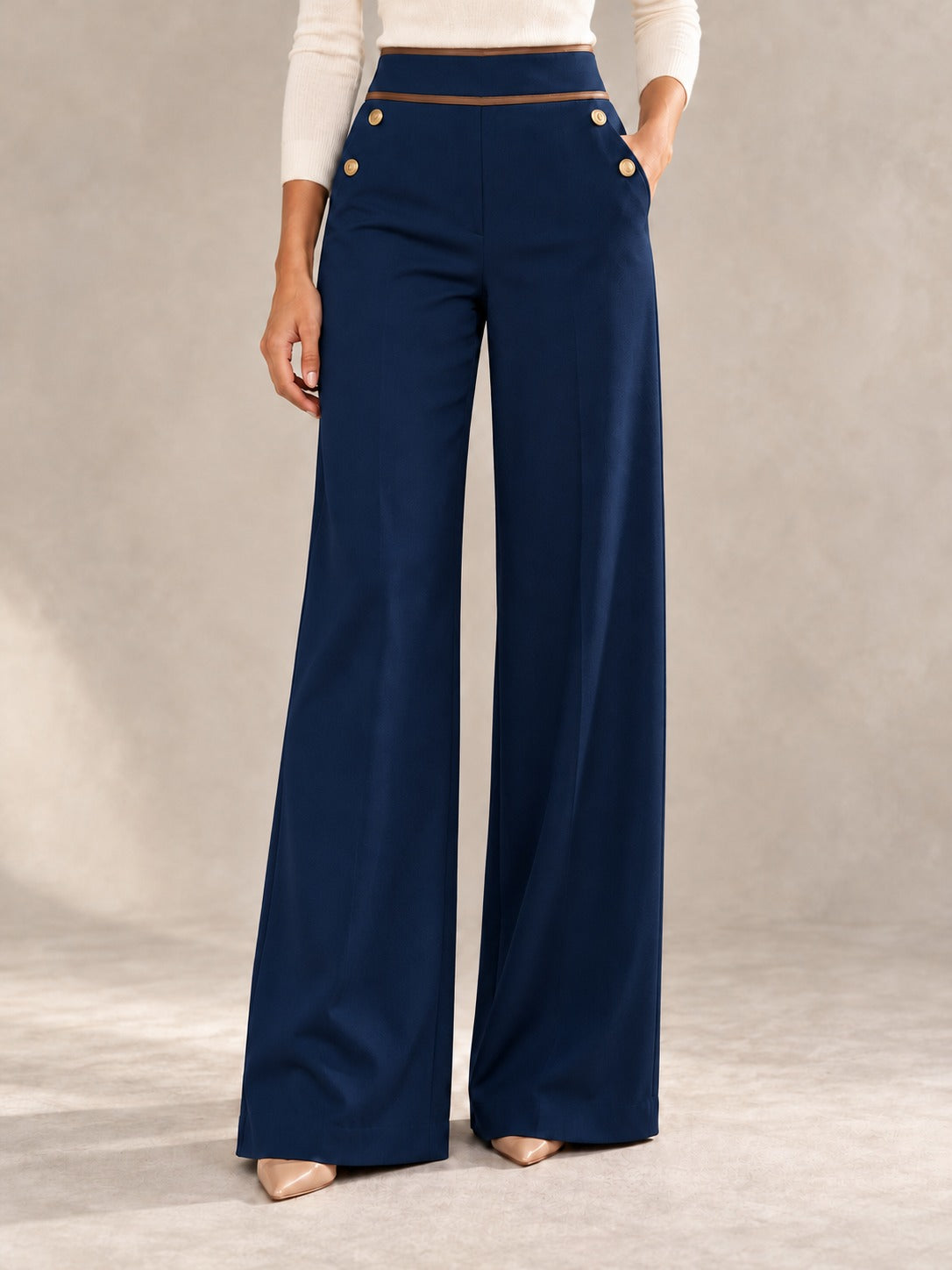 High-Waisted Wide-Leg Pants in Navy Blue, styled on model