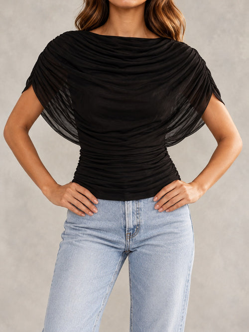 Crinkle Tie-Neck Blouse in Black, styled on model
