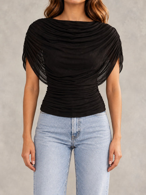 Crinkle Tie-Neck Blouse in Black, front view